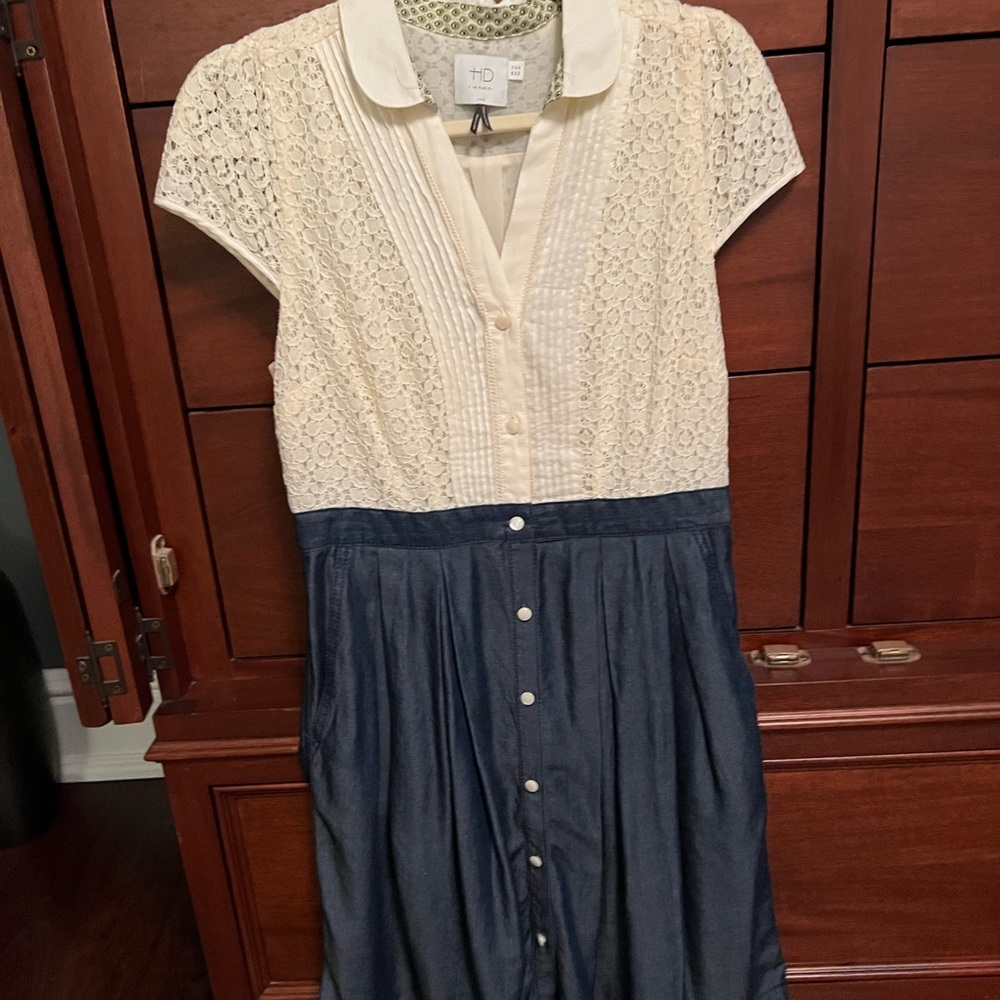 Adorable lace top dress with denim like bottom. Size 6. Excellent condition.